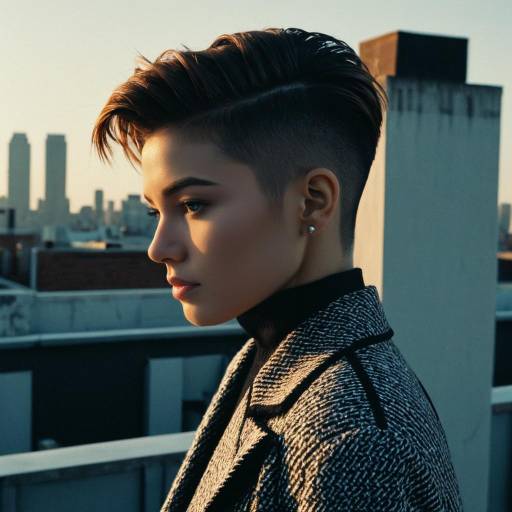 Fashion model with crew cut hairstyle on rooftop