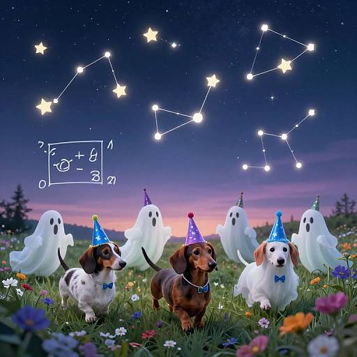 Photograph of six dogs, including dachshunds and a white puppy, wearing party hats, surrounded by white ghost costumes, under a starry