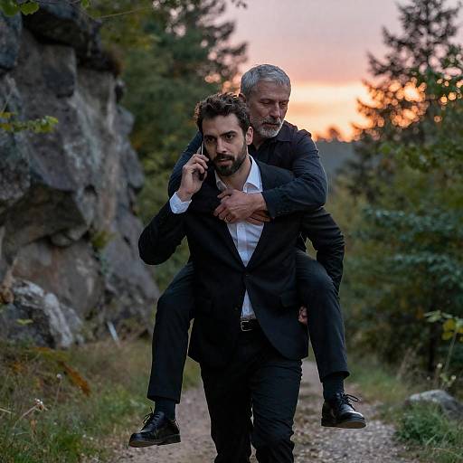 Two Men in a Forest at Sunset
