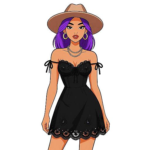 Digital illustration of a stylish woman with purple hair, wearing a black lace off-shoulder dress, brown hat, hoop earrings, and necklace, standing