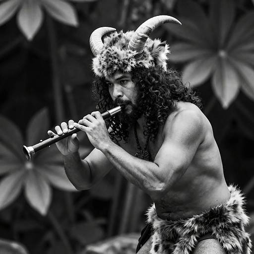 Muscular Man in Fur with Flute