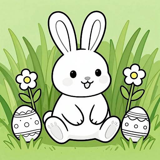 Cute, white cartoon bunny sitting on grass with two decorated eggs and flowers, outlined in black, digital illustration, bright green background.