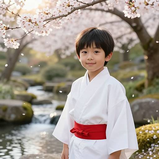 Serene Asian Boy in Cherry Blossom Garden