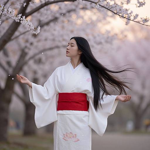 Asian woman in white kimono under cherry blossoms