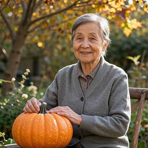 Photograph of an elderly Asian woman with gray hair, wearing a gray cardigan and brown shirt, smiling while holding a small orange pumpkin in an autumn