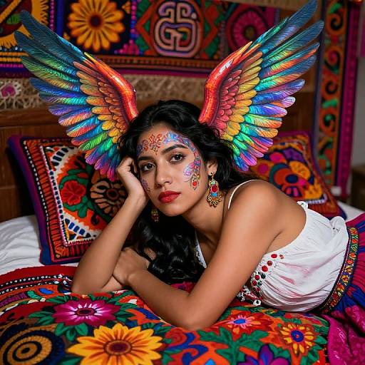 Photograph of a Latina woman with colorful angel wings, face paint, and floral-patterned bed, wearing a white top, lying on vibrant, embroidered