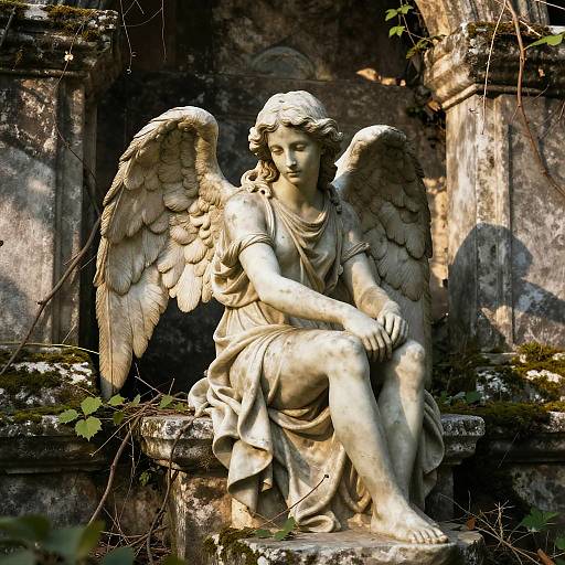 Photograph of a detailed stone angel statue with large wings, draped in a flowing classical dress, seated with a serene expression, surrounded by mossy,
