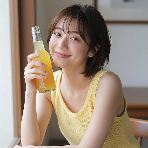 Asian Woman Holding Yellow Drink Indoors