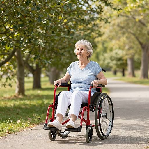 Photograph of an elderly woman with short white hair, wearing a light blue shirt and white pants, smiling while pushing a red wheelchair on a sunny park