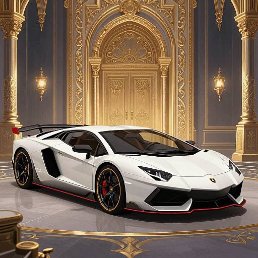 Photorealistic digital art: sleek white and black sports car with red accents, low profile, black wheels, in opulent golden-arched room