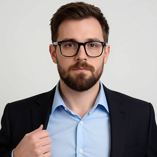 Photograph of a bearded man with dark hair and black-framed glasses, wearing a black suit and light blue shirt, against a white background.