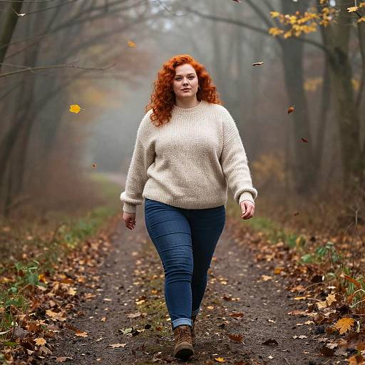 Photograph of a red-haired woman with curly hair, wearing a white knit sweater, blue jeans, and brown boots, walking on a leaf-covered path