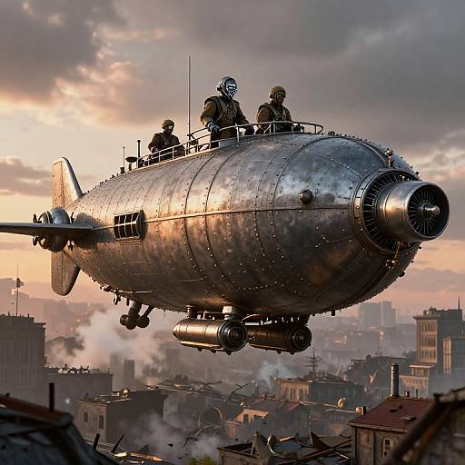 Photograph-style digital artwork of a steampunk airship with two soldiers in helmets and leather gear, flying over a smoky, sunset-lit