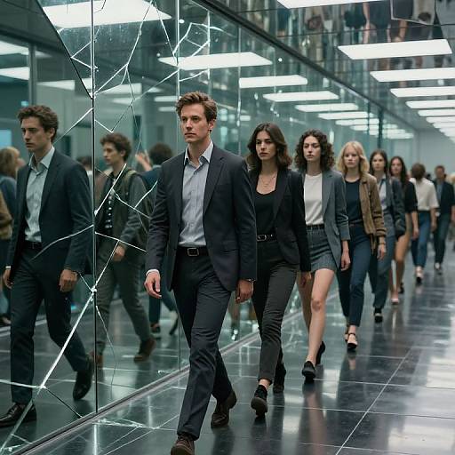 Photograph of business professionals walking down a glass-walled corridor with cracked reflections, dressed in dark suits and blazers, under bright fluorescent lights.