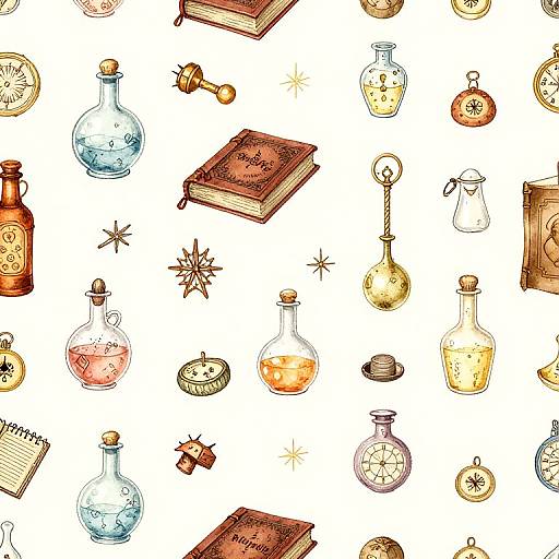 Watercolor illustration of various magic-themed items: glass bottles, books, star anise, potions, hourglasses, and open books, scattered randomly
