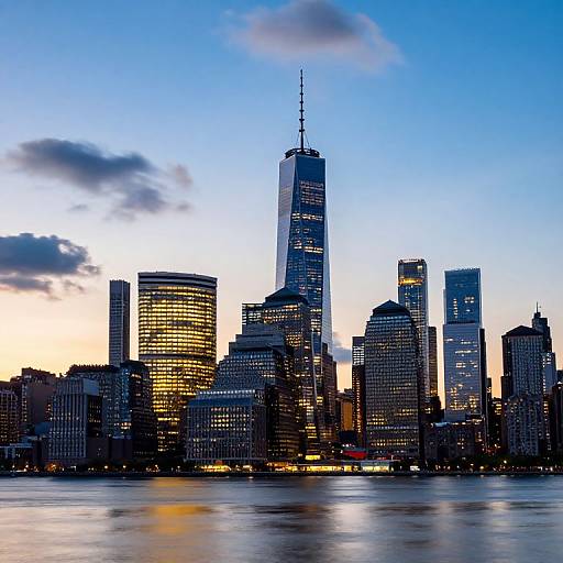 Photograph of New York City skyline at dusk, featuring the illuminated One World Trade Center with blue sky and reflective water.