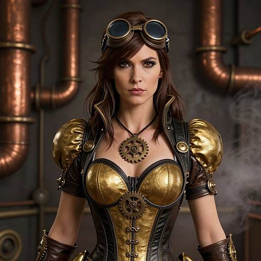 Steampunk woman with dark brown hair, goggles, gold chest plates, black corset, and copper pipes in industrial background. Photo-realistic CGI