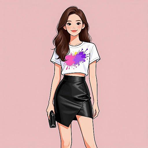 Trendy Woman in Graphic Tee and Leather Skirt
