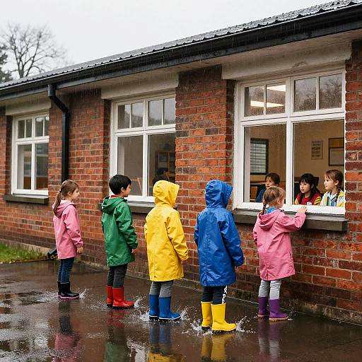 Photograph of six children in colorful raincoats and boots, standing in front of a brick building with large windows, watching inside. Wet pavement reflects