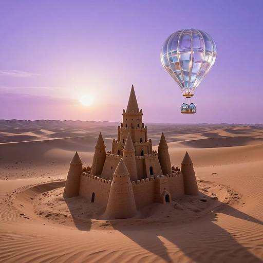 Photograph of a sandcastle castle with pointed towers in a desert at sunset, with a transparent hot air balloon hovering above.