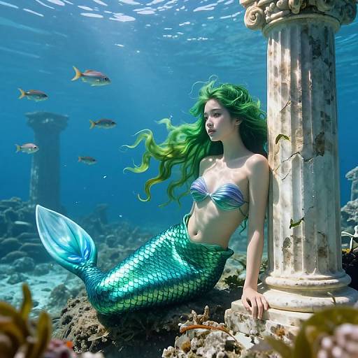 Photorealistic digital art: Green-haired mermaid with shimmering blue-green tail leans against a sunlit, underwater ancient column surrounded by fish and coral