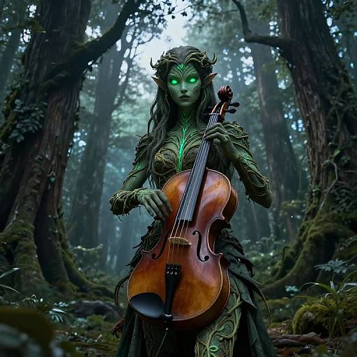 Digital artwork of a green-skinned, glowing-eyed forest elf with leafy attire playing a wooden cello in a misty, dense forest.