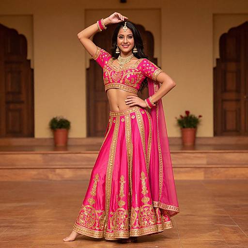 Photograph of a smiling Indian woman in a vibrant pink and gold traditional lehenga and choli, standing confidently on a stage with a blurred, warm