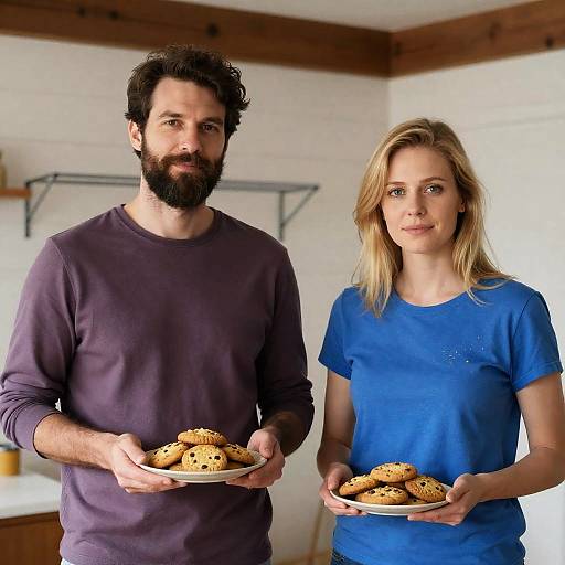 Man and Woman Holding Plates of Cookies Indoors