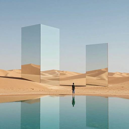Photograph of a solitary figure standing in front of three mirrored cubes in a desert with sand dunes and a reflective pool.