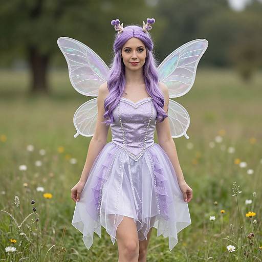 Photograph of a young woman with long purple hair, fairy wings, and a white, sparkly dress, standing in a grassy meadow with
