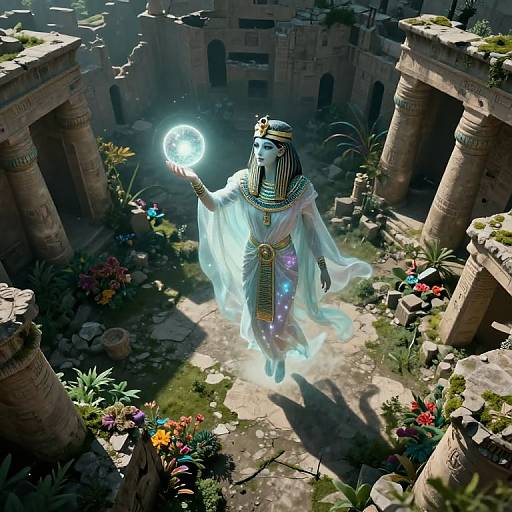 Digital artwork of an ancient Egyptian deity with glowing orb, wearing ornate white robes, standing in sunlit, overgrown ruins with colorful flowers.