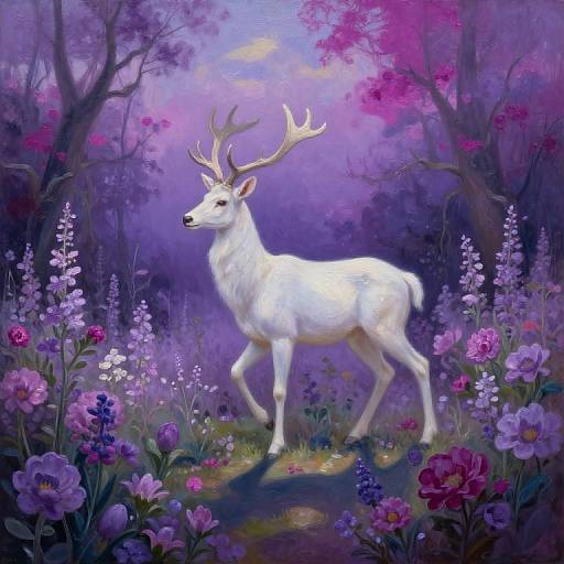 Digital painting of a majestic white deer with large antlers walking through a vibrant, magical forest filled with purple, pink, and blue flowers.