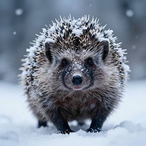 Close-up photograph of a snow-covered hedgehog with sharp spines, black nose, and small pink tongue, facing forward in a snowy landscape.