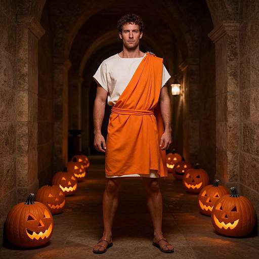 Photograph of a muscular man in an orange and white ancient Roman-style tunic, standing in a dimly lit stone corridor with glowing jack-o'-