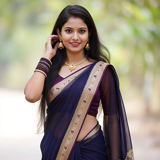 Photograph of a smiling Indian woman with long black hair, wearing a black saree with gold embroidery, matching jewelry, and black bangles, set
