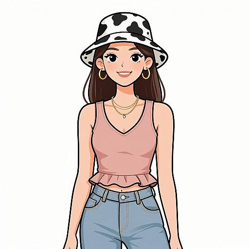 Smiling Boho Woman in Cow Print Hat