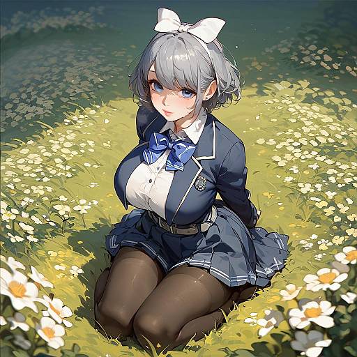 Anime Girl in School Uniform Sitting in Flower Field