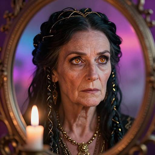 Photograph of an elderly woman with deep-set amber eyes, black braided hair, gold jewelry, and intense expression, reflected in an ornate mirror