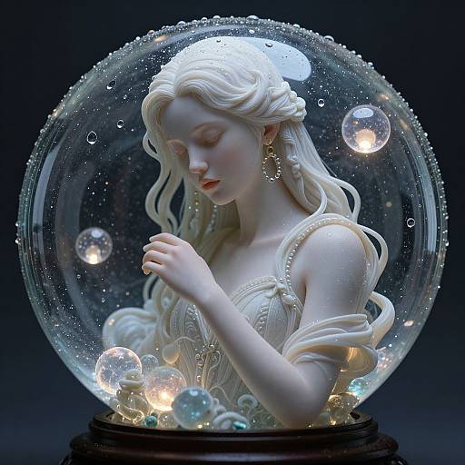 Photorealistic digital artwork of a pale, blonde, ethereal woman with wavy hair, delicate features, and a beaded dress, inside a