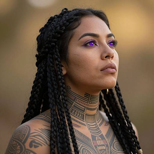 Photograph of a tattooed Black woman with braided hair, purple eyeshadow, and intricate neck and chest tattoos, gazing upward. Background