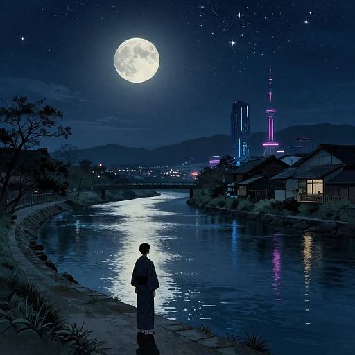 Digital anime-style artwork of a solitary figure standing by a moonlit river, reflecting city lights and a starry night sky.