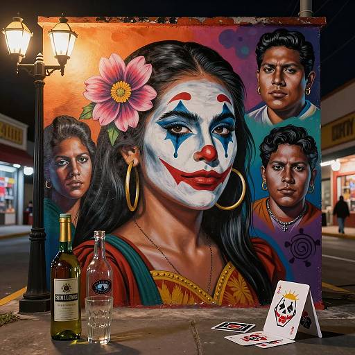 Chicano Art Mural at Night with Clown-Makeup Chica
