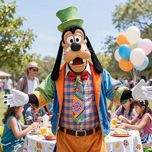 Photograph of Goofy in colorful clown outfit, green hat, and checkered shirt, standing in sunny park with children at tables, balloons,