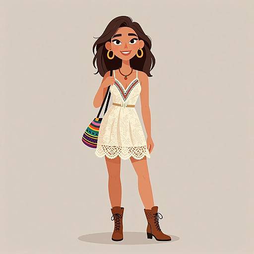 Cartoon-style drawing of a smiling young woman with tan skin, brown hair, wearing a white lace dress, brown boots, gold earrings, and a