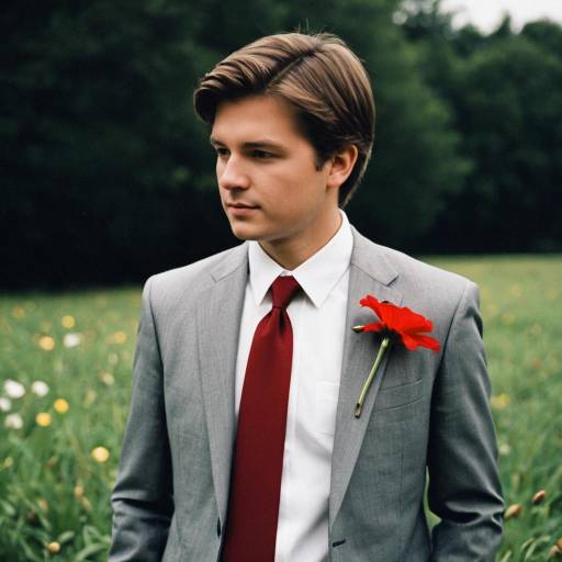 Man in Gray Suit with Red Tie and Flower