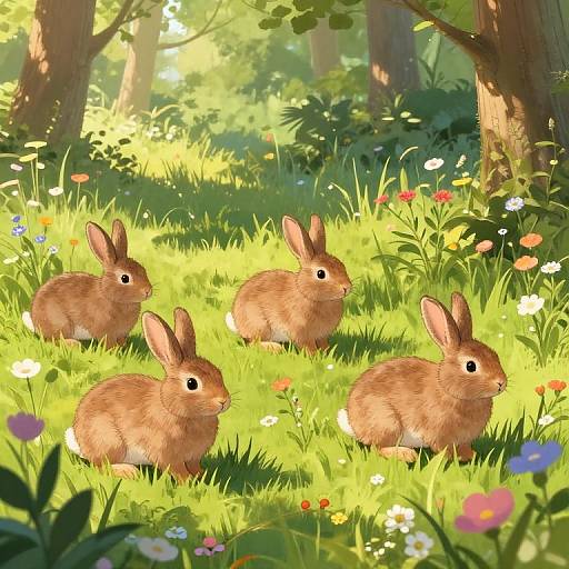 Brownbunnies in Sunlit Forest Clearing