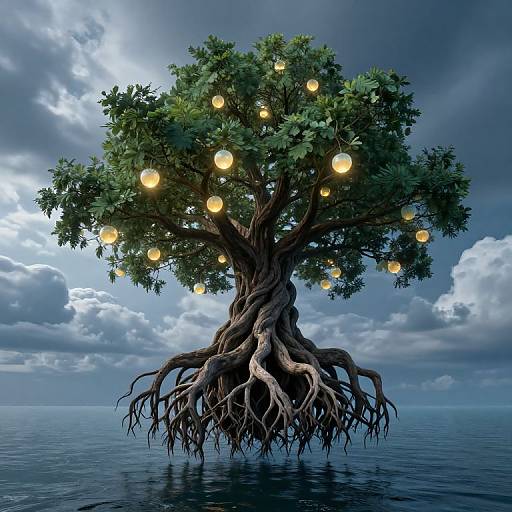 Photorealistic CGI of a twisted tree with glowing yellow orbs, rooted in calm water under a dramatic cloudy sky.