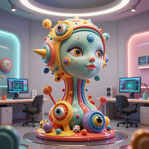 Vibrant, surreal CGI sculpture of a colorful, humanoid head adorned with gears, pom-poms, and eyes, in a modern, neon-l
