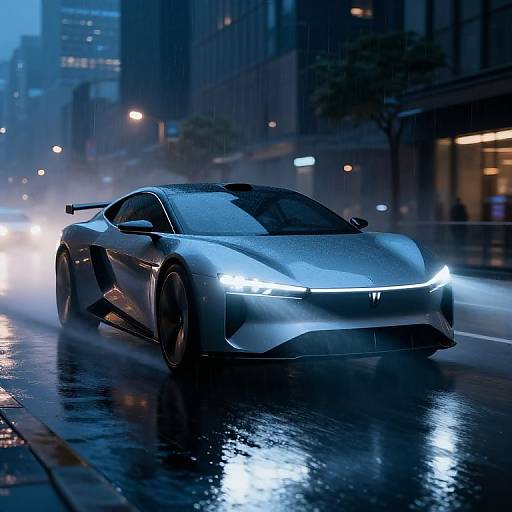 Photograph of a sleek, silver Honda NSX sports car with glowing headlights speeding on a rainy, neon-lit urban street at night.
