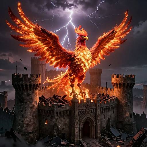 Digital artwork: A fiery, glowing phoenix with outstretched wings stands on a crumbling castle, illuminated by a bright lightning bolt in a stormy,